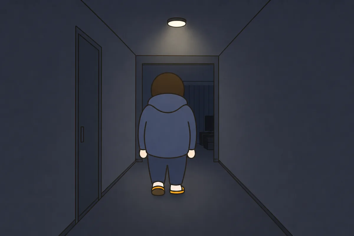 第1話のイラスト1: 暗い廊下とセンサーの明かり