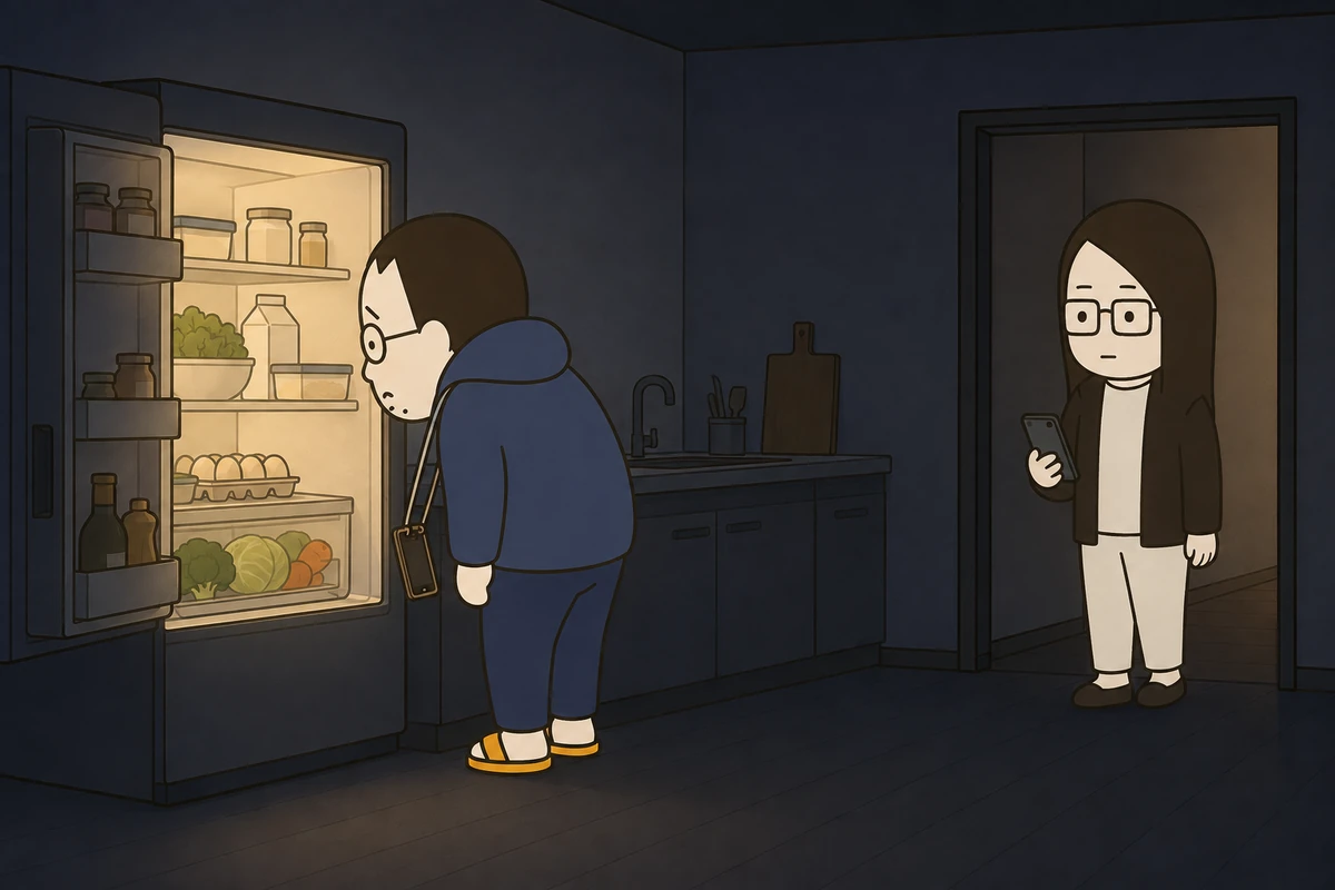 第3話のイラスト1: 朝6時のキッチン。冷蔵庫を覗くおっさんと、スマホを持って入ってくる奥さん