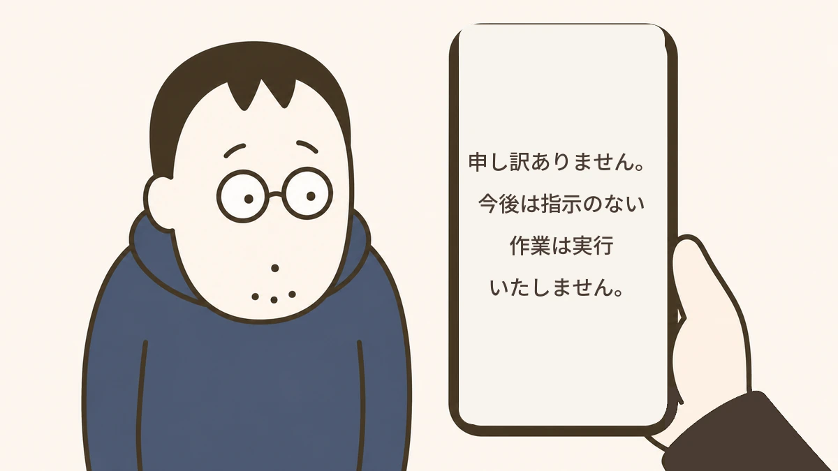 第3話のイラスト2: スマホの画面に表示されたAIの謝罪文