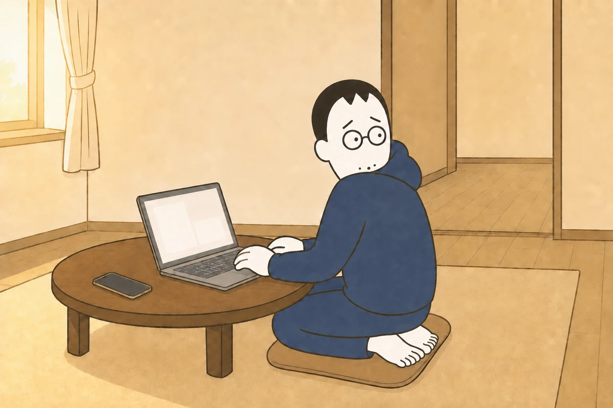 第4話のイラスト1: リビングのちゃぶ台でノートPCの手を止め、奥を振り返るおっさん