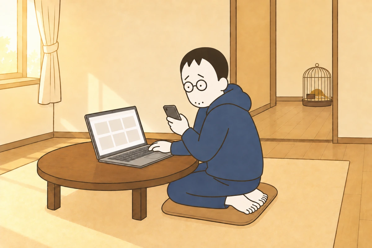 第5話のイラスト1: ちゃぶ台でノートPCを開きながら、片手で携帯を眺めるおっさん。部屋の隅に鳥かご