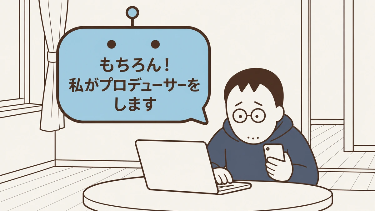 第5話のイラスト2: 「もちろん! 私がプロデューサーをします」と話すチャッピーの吹き出しと、PCと携帯を構えるおっさん