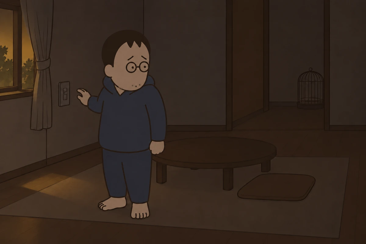 夜のリビング。部屋の明かりを消して、スイッチから手を離したところ。奥に鳥かごの輪郭