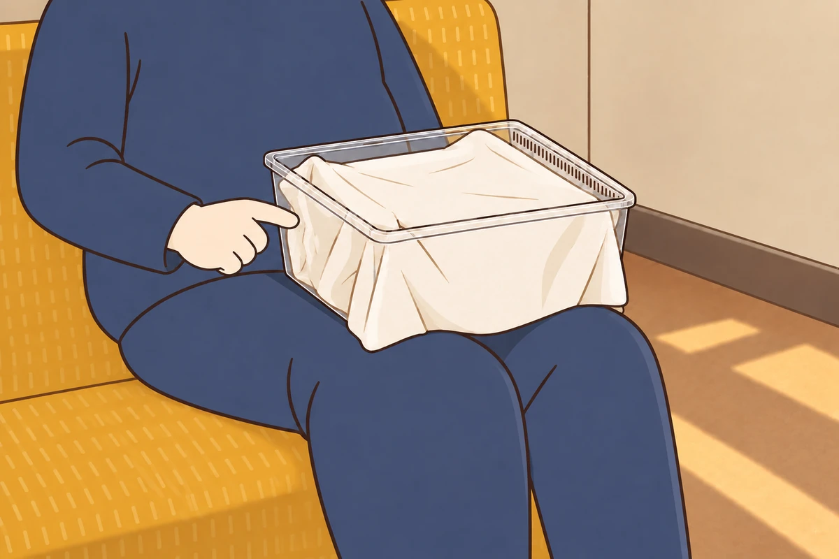 電車の中。布で覆ったプラスチックケースを膝に乗せ、指で軽く叩いている。ふたの通気口が見えている