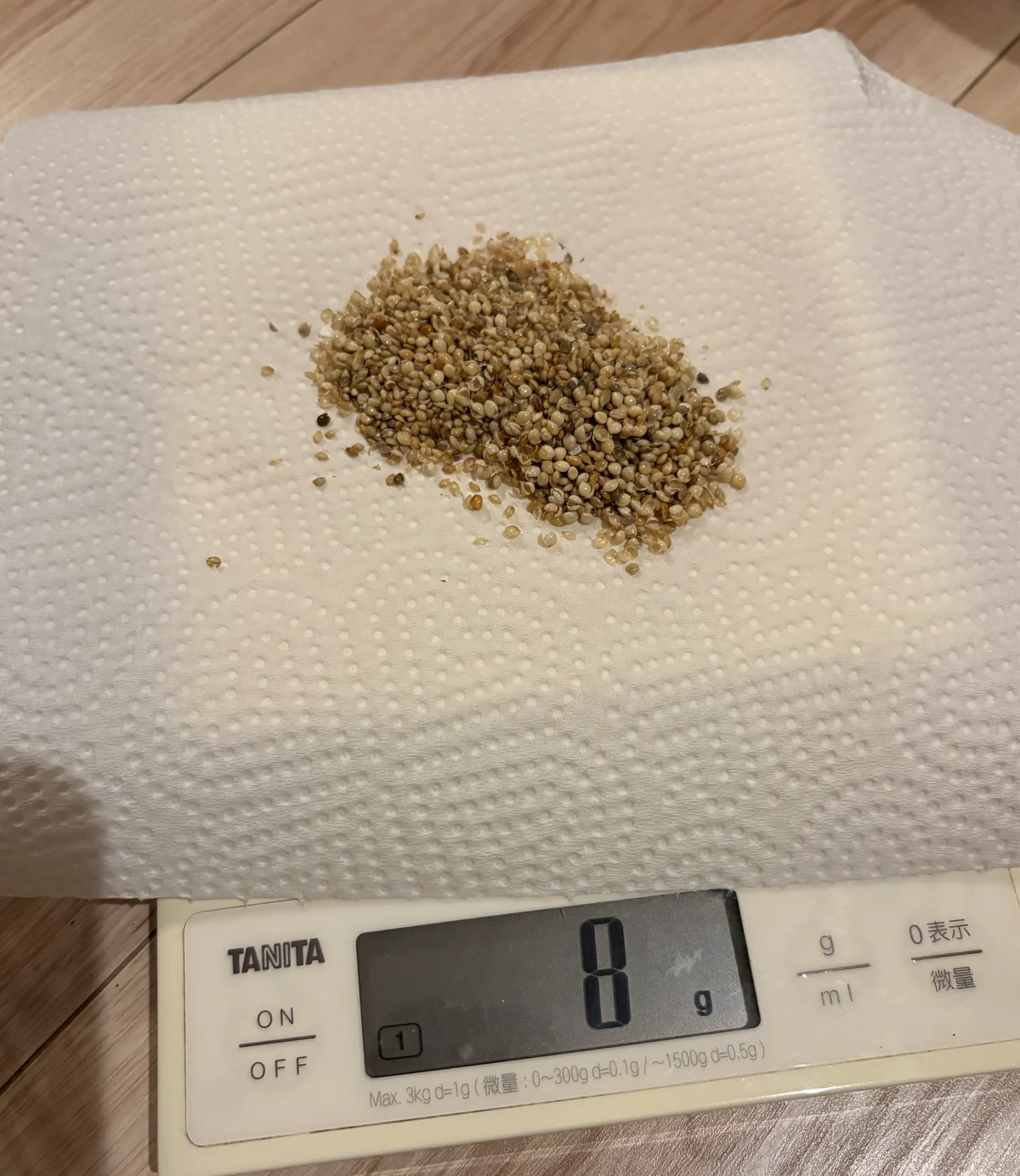 キッチンペーパーの上の餌と、はかりの表示。8グラム